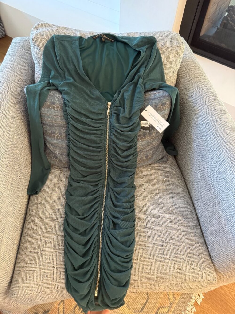 Guess Peacock Teal Kinzie Sheer Mesh Front Zip Bodycon V-Neck Dress XS NWT